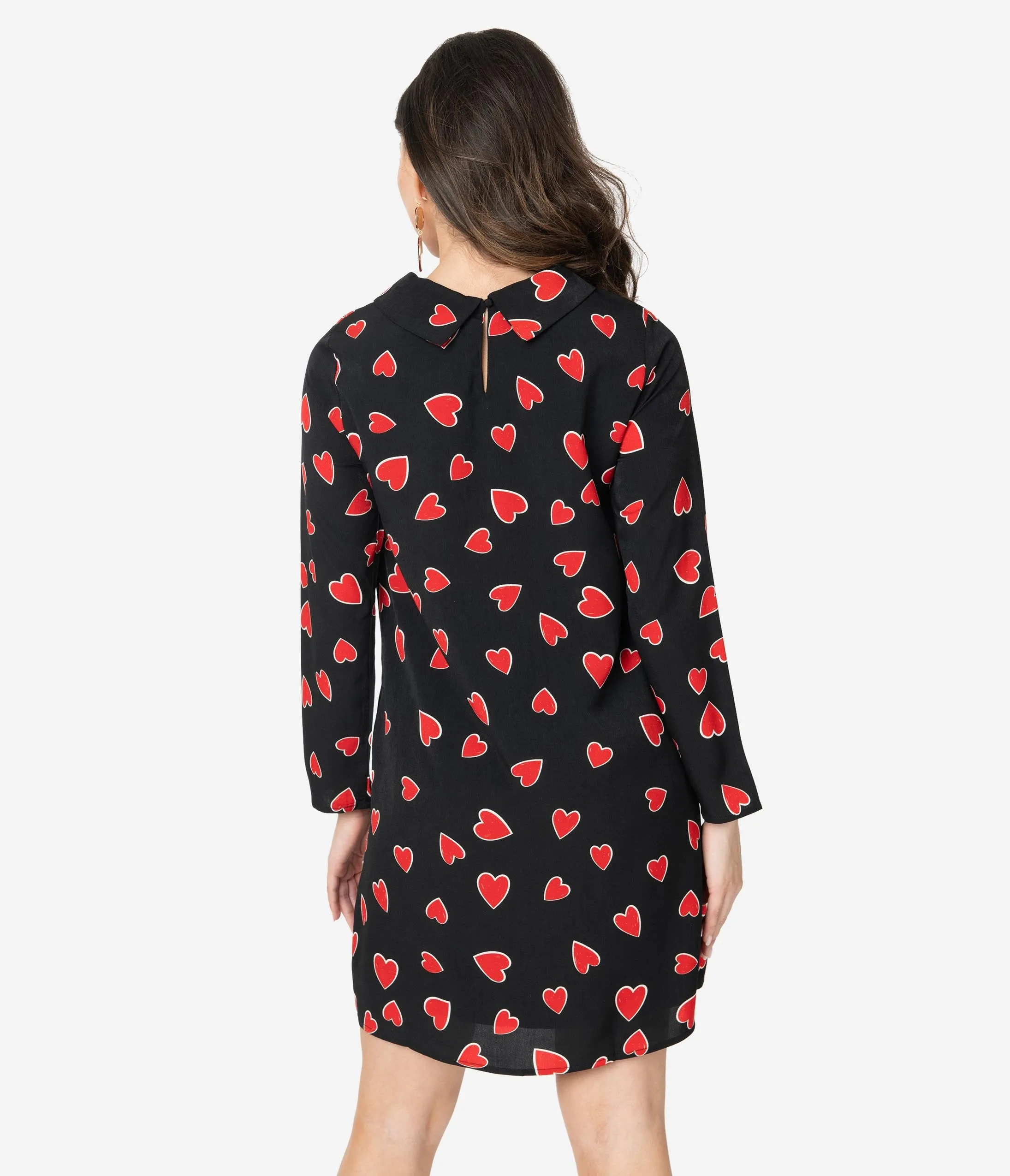 1960s Style Black & Red Heart Print Winged Collar Shift Dress