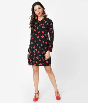 1960s Style Black & Red Heart Print Winged Collar Shift Dress