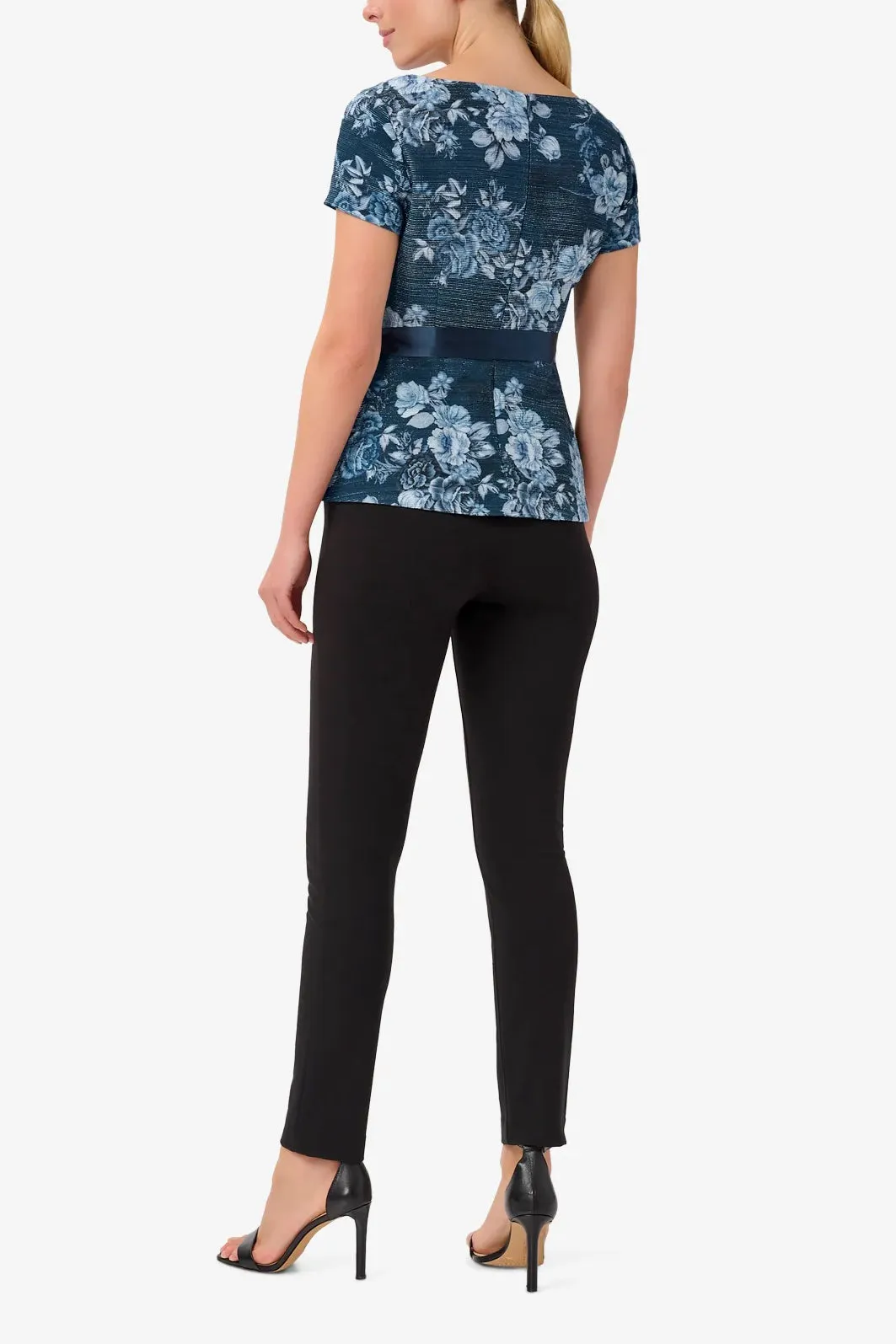 Adrianna Papell Boat Neck Short Sleeves Back Zipper Tie Waist Jacquard Top