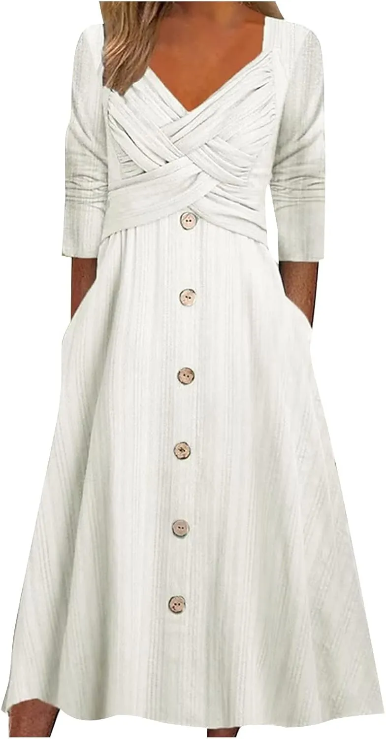 Boho Dresses for Women 2024 Plus Size Button Long Sleeve Knit Dresses Long Sleeve Loose Fitting Flowy Shift Dresses