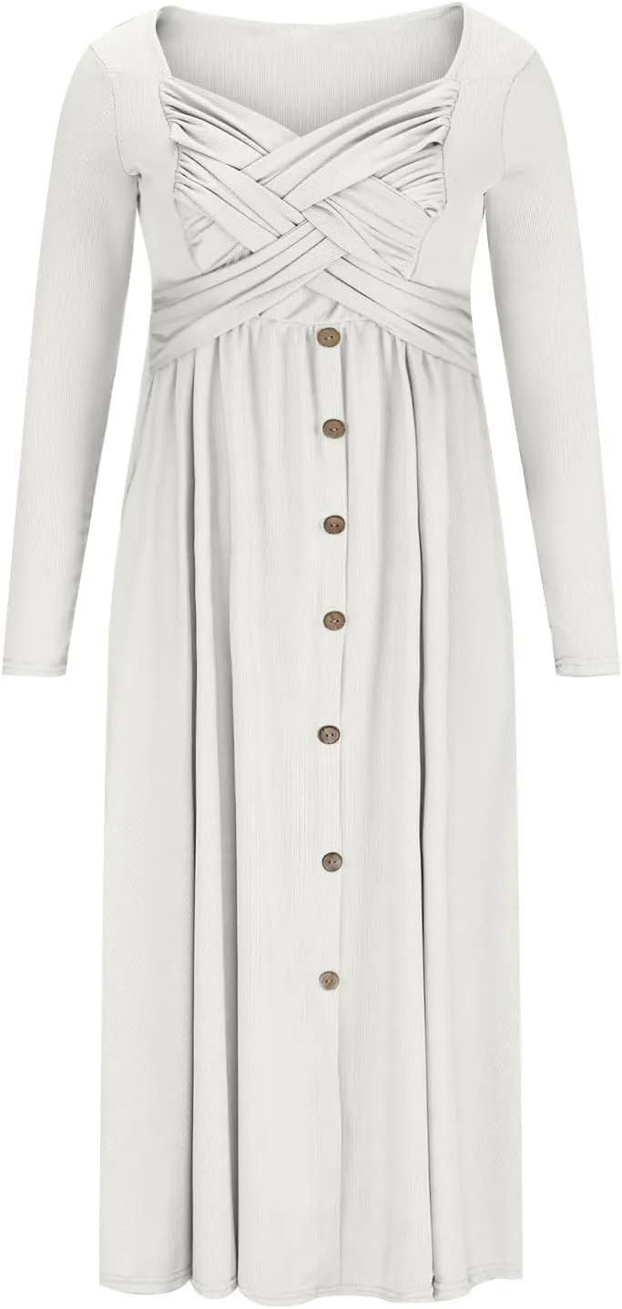 Boho Dresses for Women 2024 Plus Size Button Long Sleeve Knit Dresses Long Sleeve Loose Fitting Flowy Shift Dresses