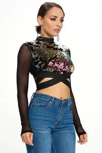 CASCADE SEQUIN CROSS FADED LONG SLEEVE CROP TOP (C61)