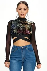 CASCADE SEQUIN CROSS FADED LONG SLEEVE CROP TOP (C61)
