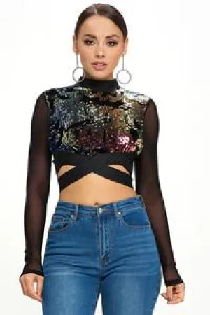 CASCADE SEQUIN CROSS FADED LONG SLEEVE CROP TOP (C61)