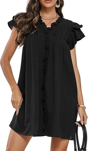 CHARTOU Women Casual V Neck Short Sleeve Ruffle Mini Dress T Shirt Shift Dress Flowy Tunic Dress Beach Sundress