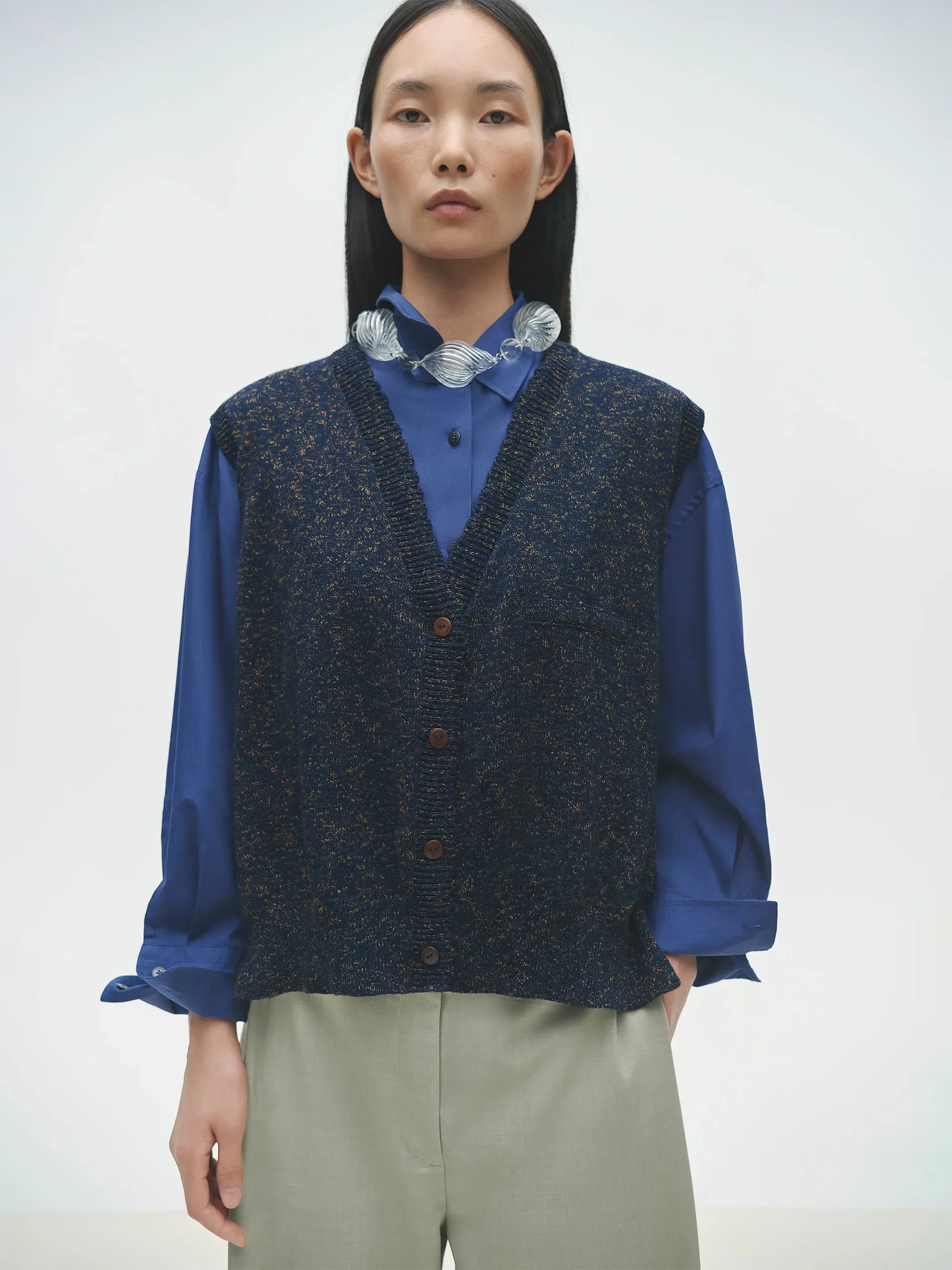 CORDERA Flecked Cotton Waistcoat Navy