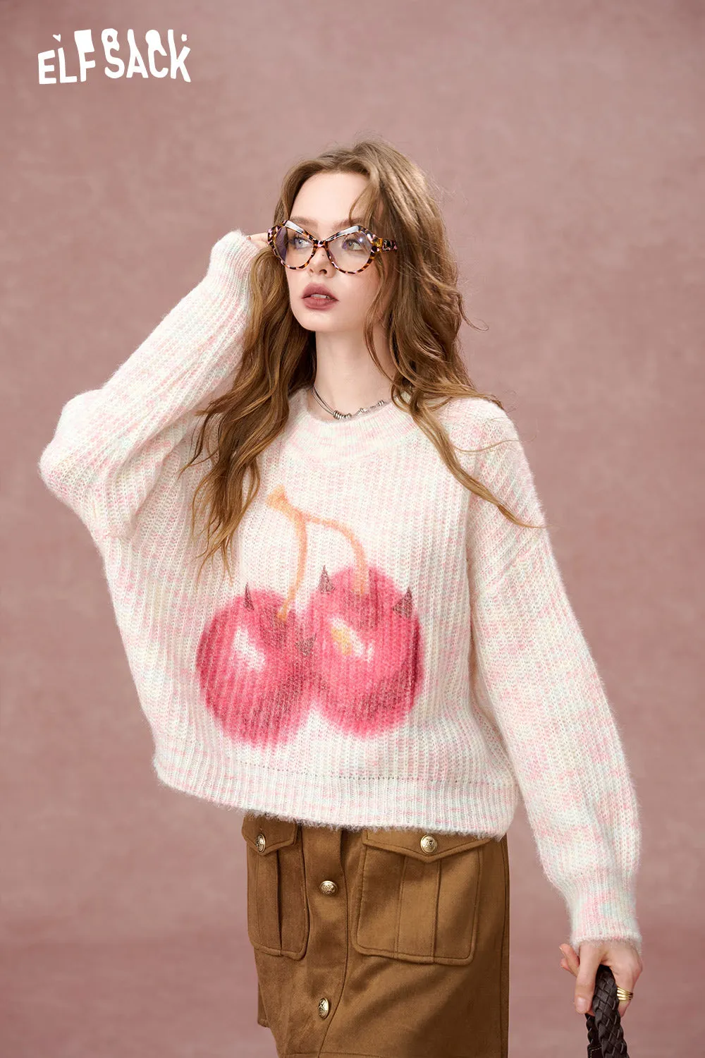 ELFSACK 2024 Autumn New Arrivals Colorful cherry print round neck sweater for women, sweet loose short sweater