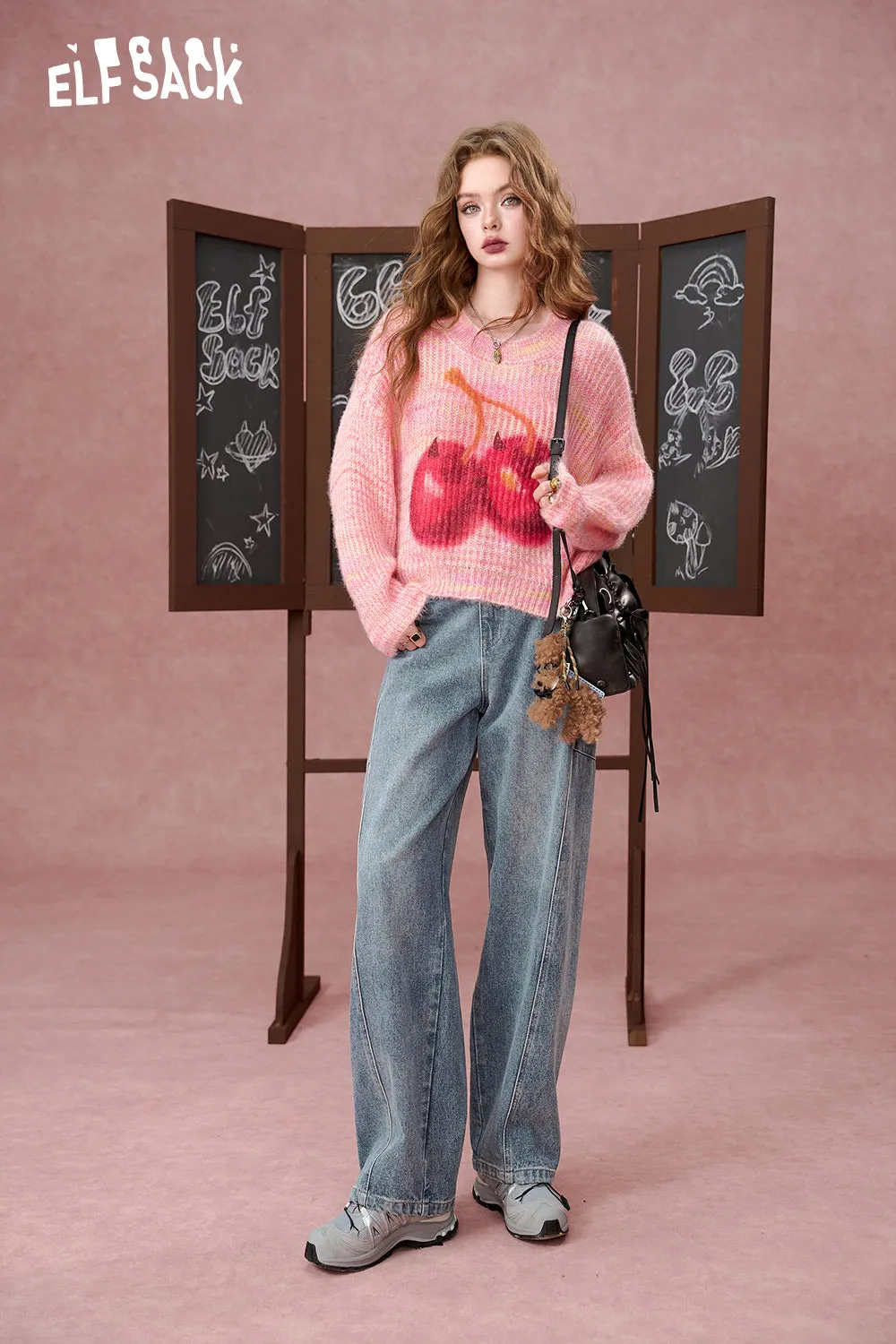 ELFSACK 2024 Autumn New Arrivals Colorful cherry print round neck sweater for women, sweet loose short sweater