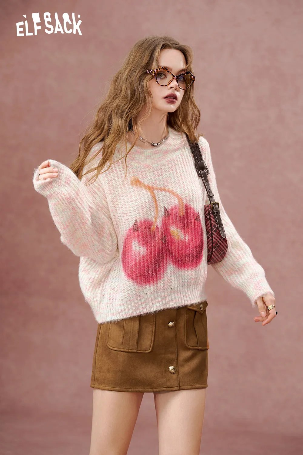 ELFSACK 2024 Autumn New Arrivals Colorful cherry print round neck sweater for women, sweet loose short sweater