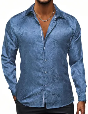 Hi-Tie Silk Mens Paisley Dress Shirts Casual Long Sleeve Button Down Regular Fit Shirts Formal Wedding Party Business