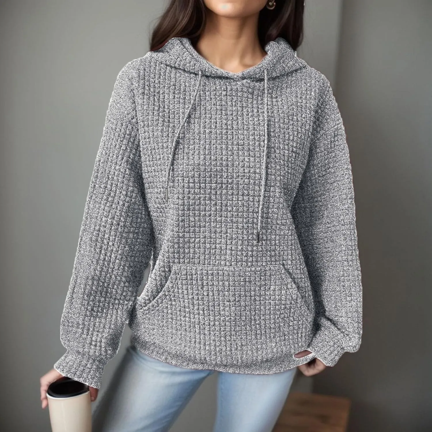 Hoodies for Women Waffle Knit Tops for Women Oversized Waffle Knit Shirt Hoodies for Women with Pocket Fall Sweatshirt 2024