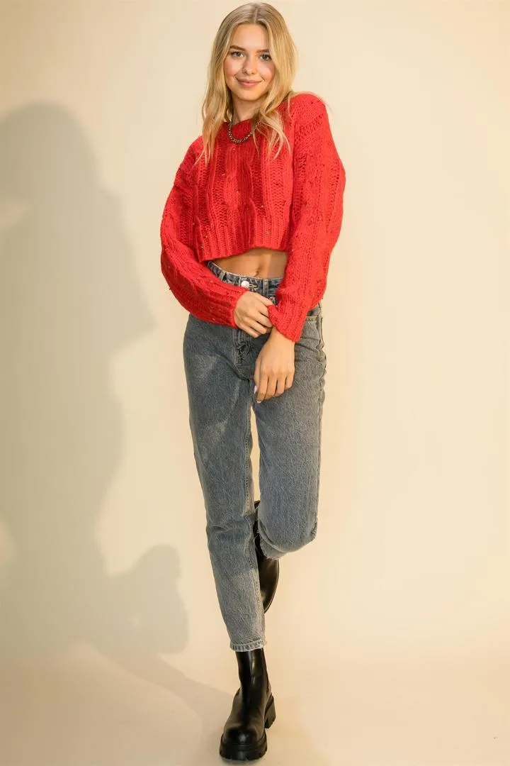 Hyfve Double Zero Crew Neck Cable Crop Popcorn Sweater In Red Or Smoke Blue