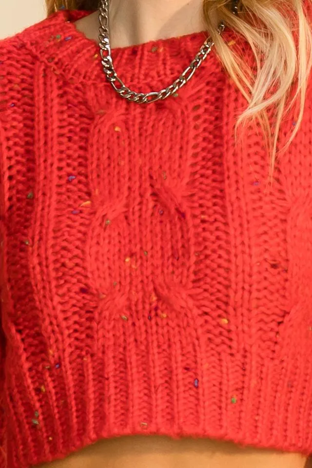 Hyfve Double Zero Crew Neck Cable Crop Popcorn Sweater In Red Or Smoke Blue