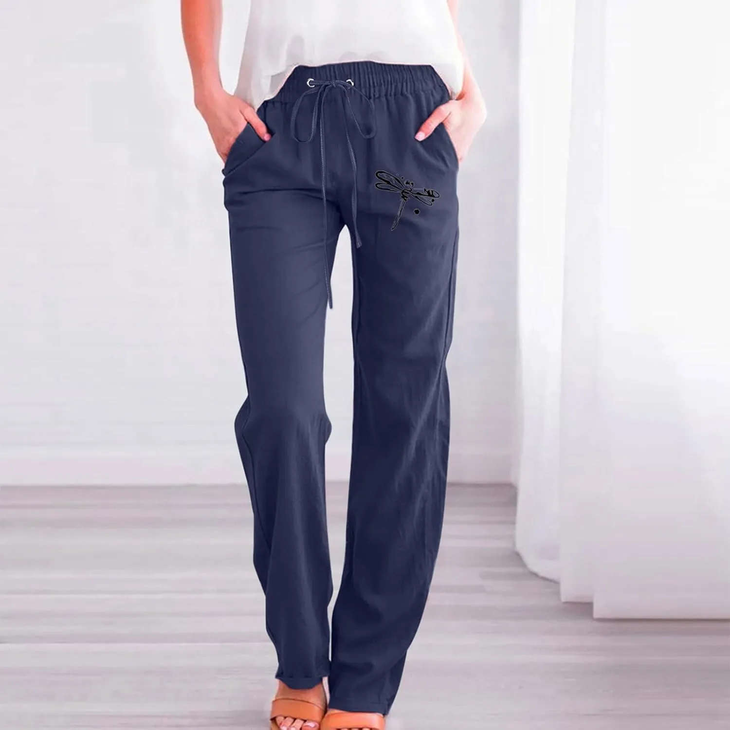 Linen Pants Women Long Straight Leg Loose Comfy Trousers High Waist Drawstring Summer Lounge Beach Soft Sweatpants