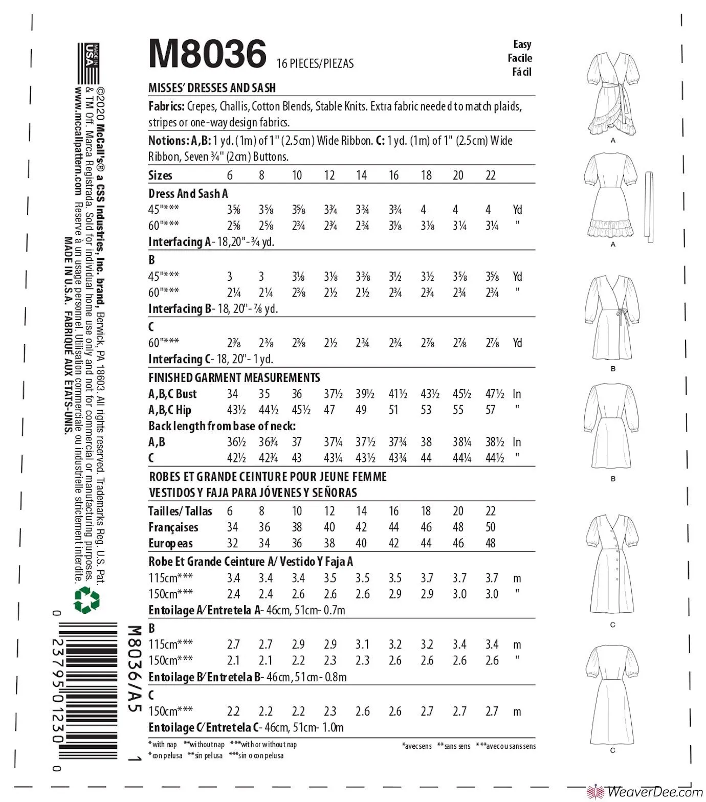 McCall's Pattern M8036 Misses' Dresses & Sash #SashaMcCalls