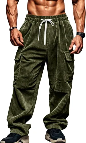 Mens Corduroy Cargo Pants Drawstring Elastic Waist Sweatpants Straight Fit Stretch Waist Athletic Gym Workout Pants