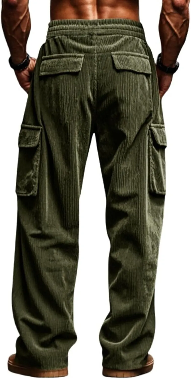 Mens Corduroy Cargo Pants Drawstring Elastic Waist Sweatpants Straight Fit Stretch Waist Athletic Gym Workout Pants