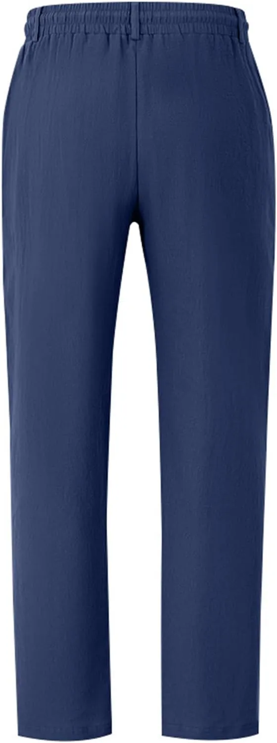 Mens Linen Pants Fashion Simple Drawstring Waist Pants Wide Leg Yoga Trouser Outdoor Breathable Comfy Travel Trousers