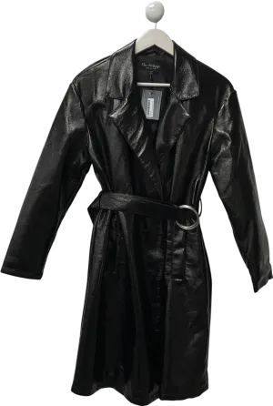 Miss Selfridge Black Faux Leather Trench Coat With Ring Belt UK 10