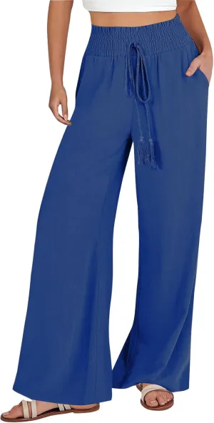 Palazzo Linen Pants for Women Summer Casual Boho Loose High Waist Wide Leg Pants Drawstring Trousers with Pockets