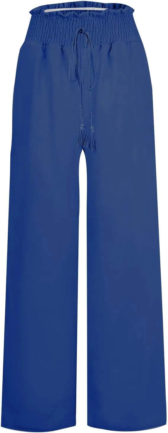 Palazzo Linen Pants for Women Summer Casual Boho Loose High Waist Wide Leg Pants Drawstring Trousers with Pockets