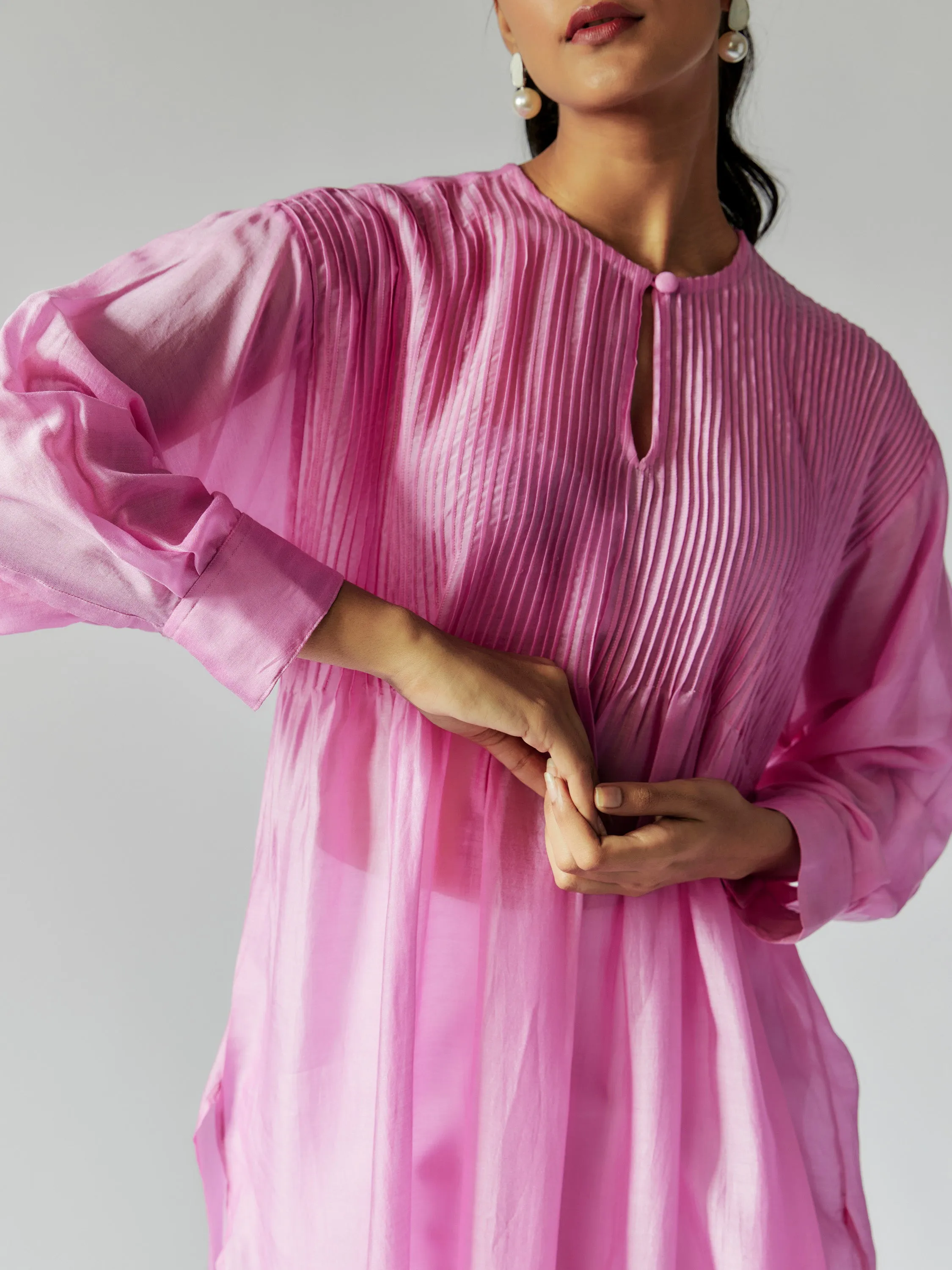 Pink Cotton Silk Top with Pintuck Details