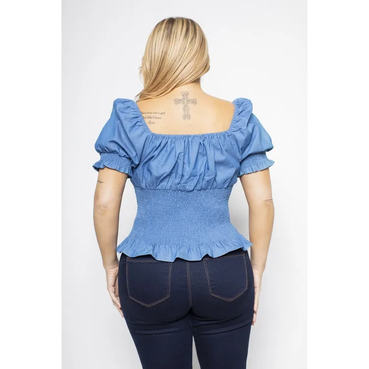 Royal Curves Denim Smocked Ruched Blouse