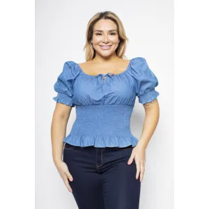 Royal Curves Denim Smocked Ruched Blouse