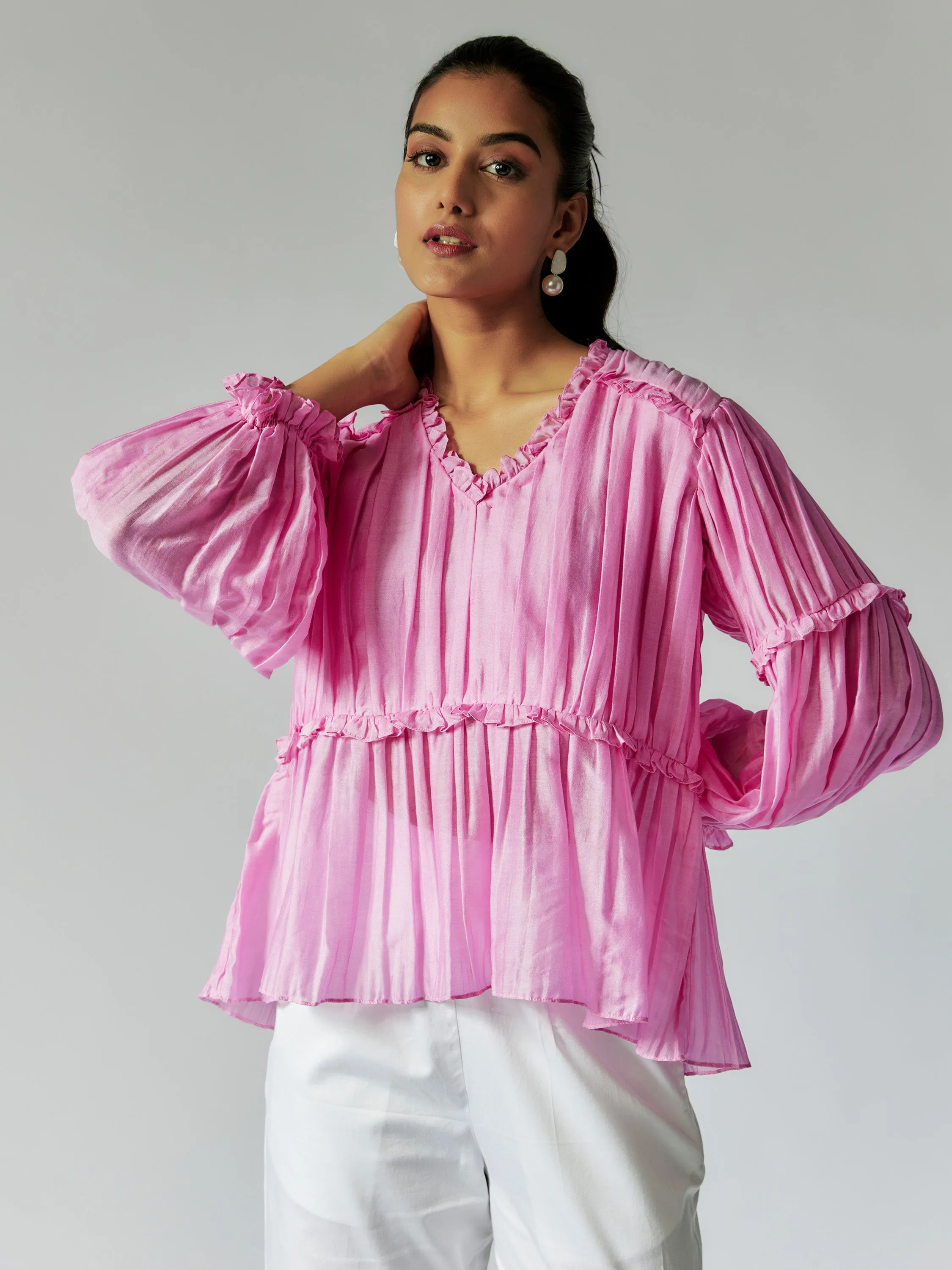 Ruched Pink Cotton Silk Co-ord Set