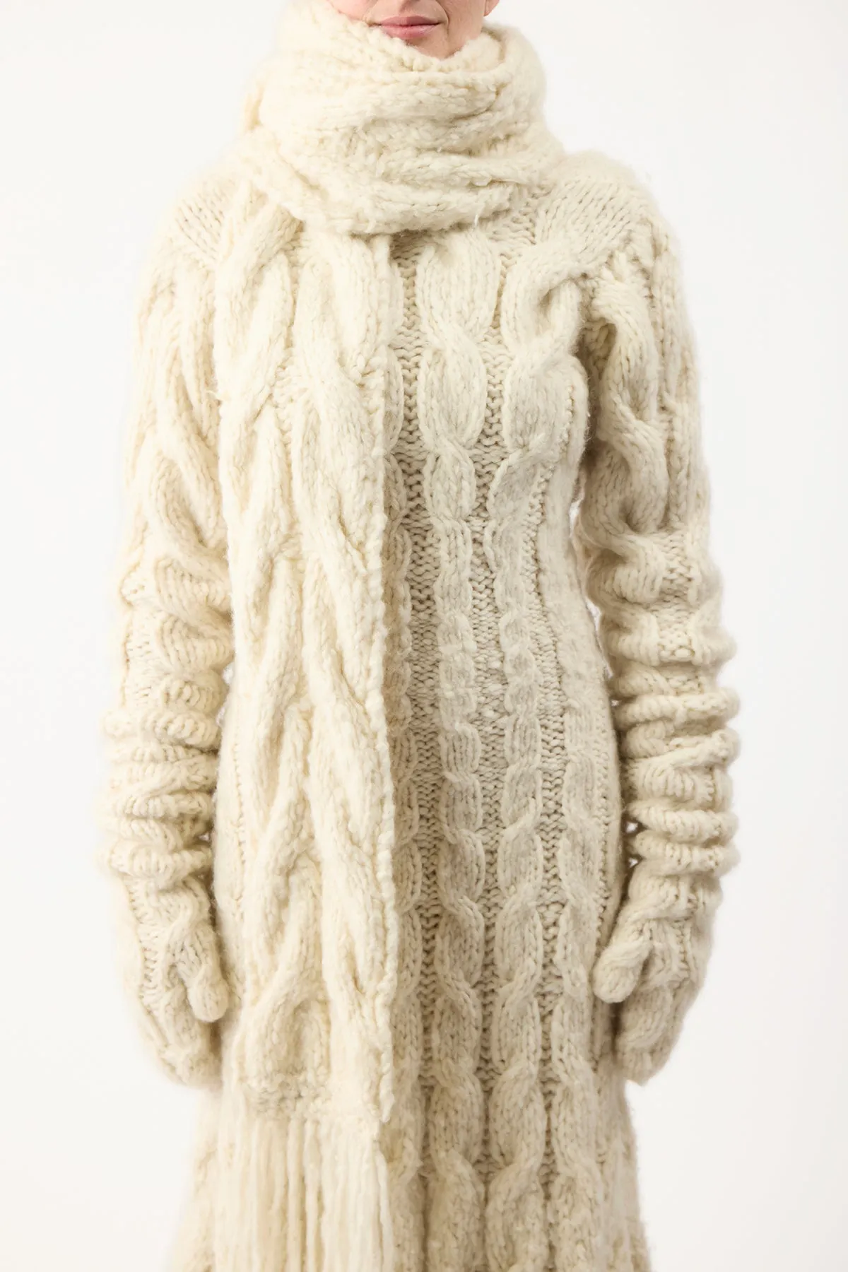 Serena Knit Fringe Scarf in Ivory Welfat Cashmere