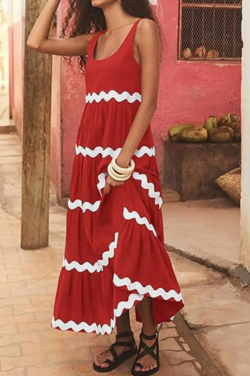 Sexy Simplicity Print Ripple Contrast U Neck Sleeveless Dress Dresses(4 Colors)