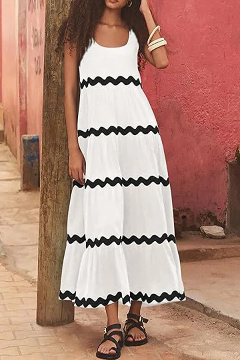 Sexy Simplicity Print Ripple Contrast U Neck Sleeveless Dress Dresses(4 Colors)