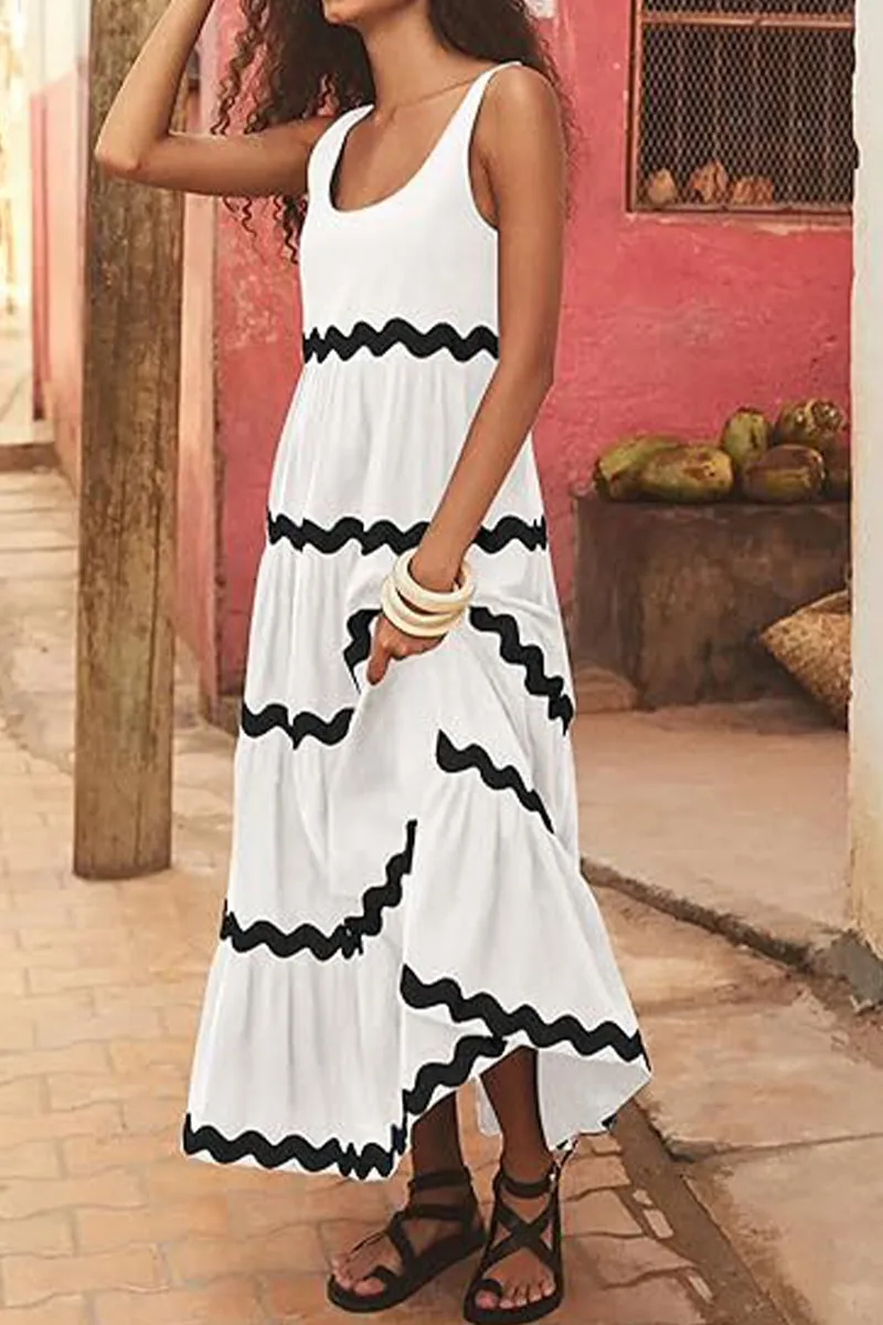 Sexy Simplicity Print Ripple Contrast U Neck Sleeveless Dress Dresses(4 Colors)