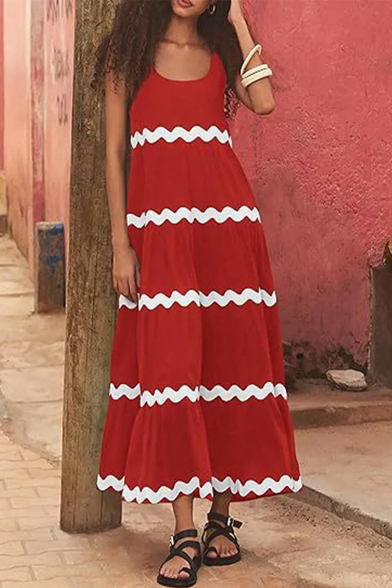 Sexy Simplicity Print Ripple Contrast U Neck Sleeveless Dress Dresses(4 Colors)