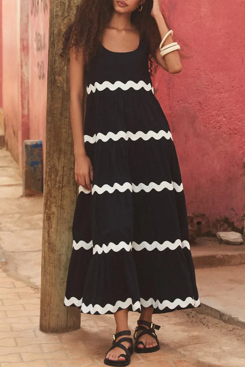 Sexy Simplicity Print Ripple Contrast U Neck Sleeveless Dress Dresses(4 Colors)