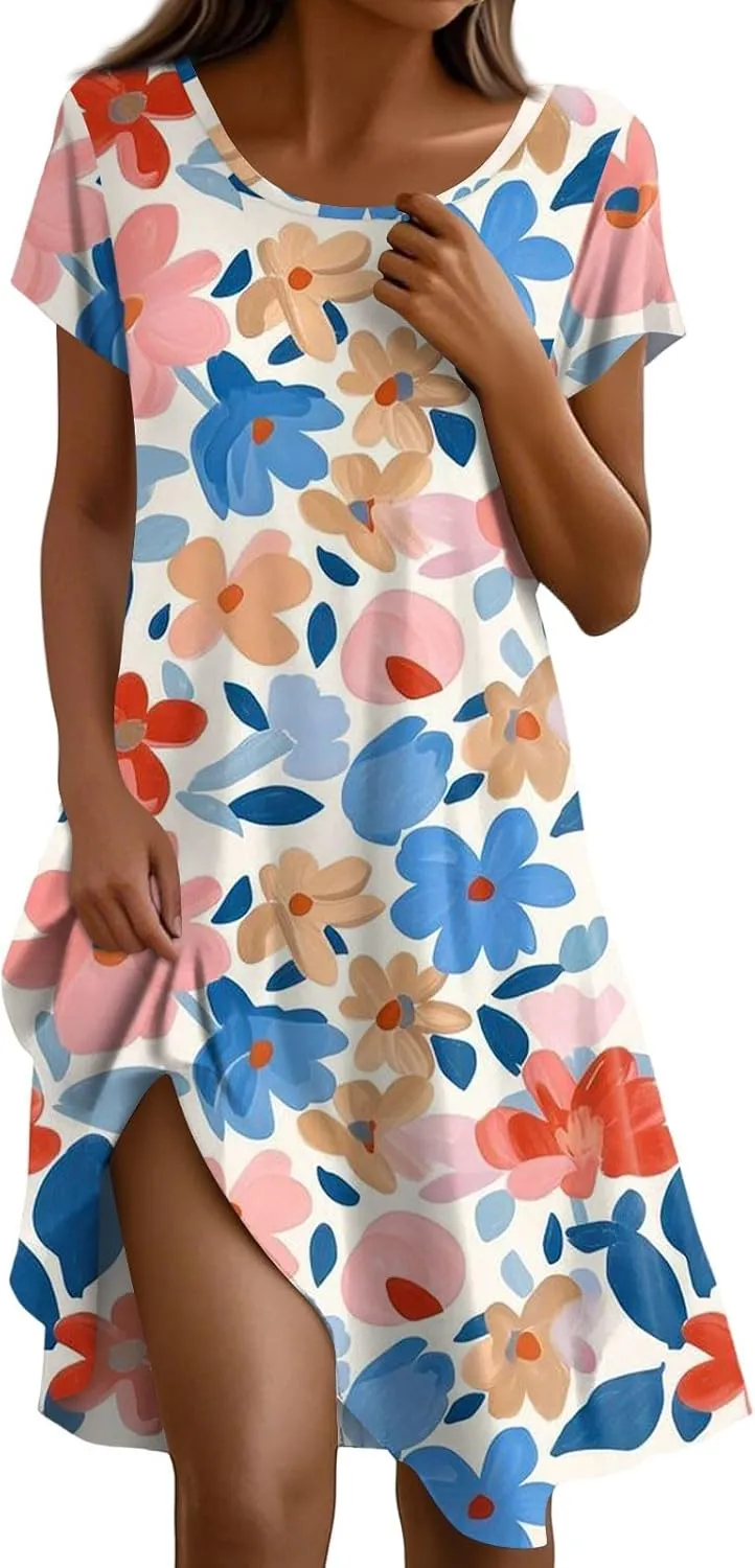 Short Sleeve Boho Mini Dress for Women Casual Loose Fit Summer Sundress Floral Print Shift Dress with Pockets 2025