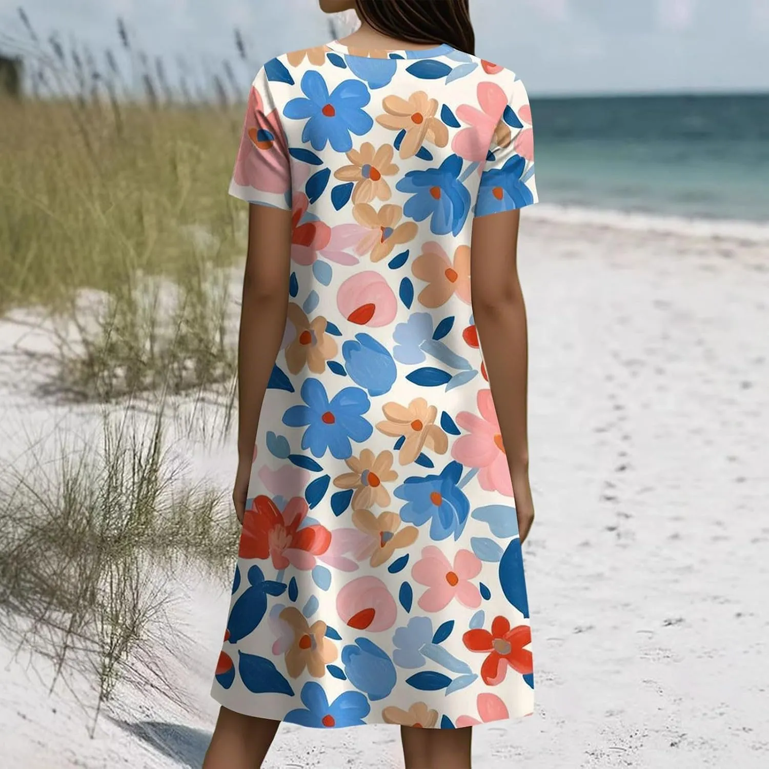 Short Sleeve Boho Mini Dress for Women Casual Loose Fit Summer Sundress Floral Print Shift Dress with Pockets 2025