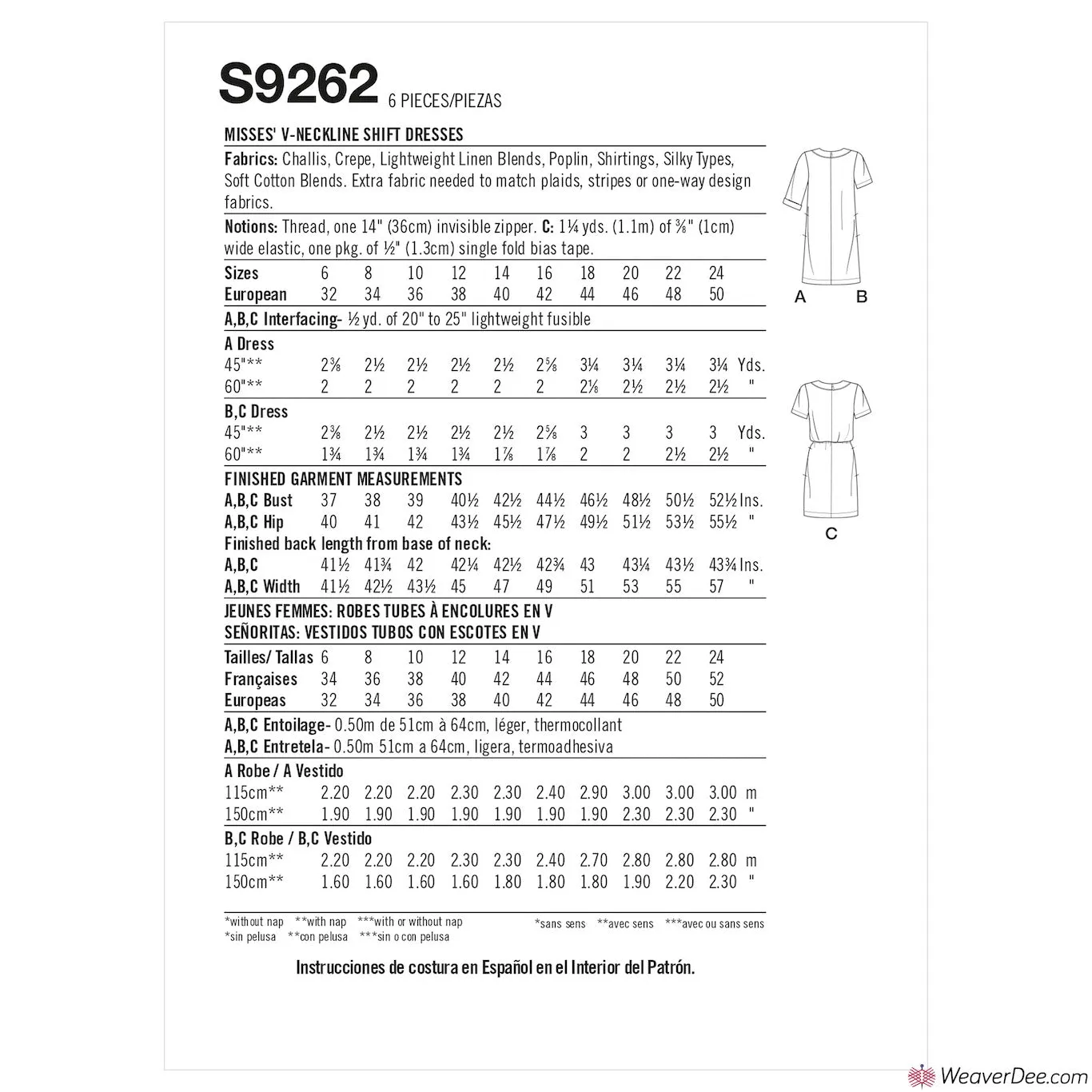 Simplicity Pattern S9262 Misses' V-neckline Shift Dresses