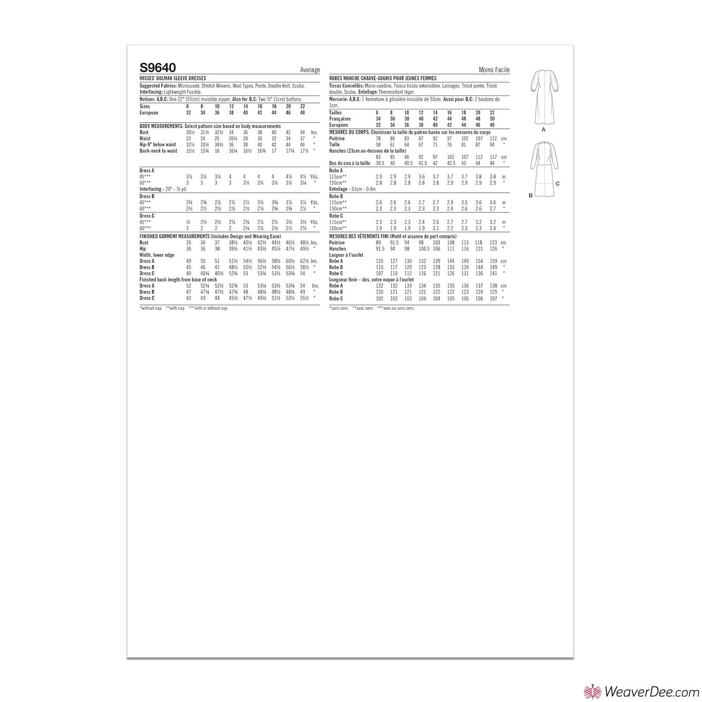 Simplicity Pattern S9640 Misses' Dolman Sleeve Dresses