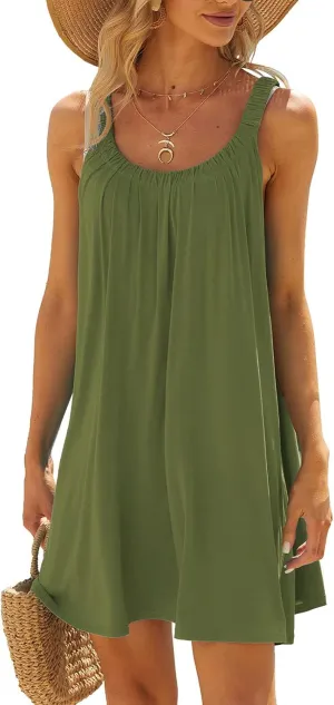 Summer Beach Dresses for Women,2024 Strappy Tank Dress Sleeveless Loose Flowy Mini Sundress Smocked Shift Tunic Dress