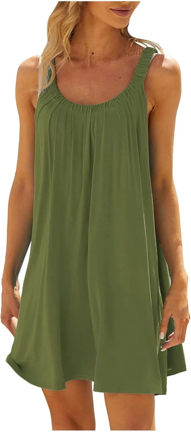 Summer Beach Dresses for Women,2024 Strappy Tank Dress Sleeveless Loose Flowy Mini Sundress Smocked Shift Tunic Dress