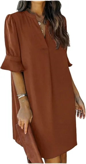 Summer Dresses for Women V Neck Ruffle Short Sleeve Casual Shift Mini Dress Loose Fashion Solid Color Dresses