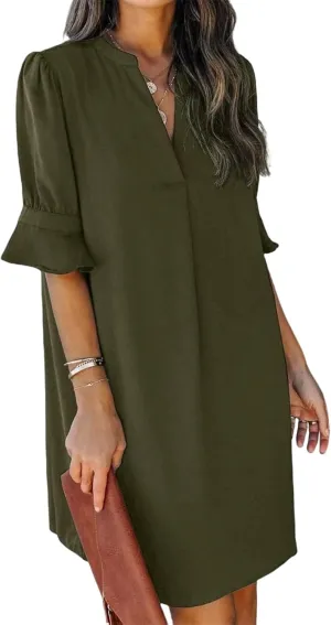 Summer Dresses for Women V Neck Ruffle Short Sleeve Casual Shift Mini Dress Loose Fashion Solid Color Dresses