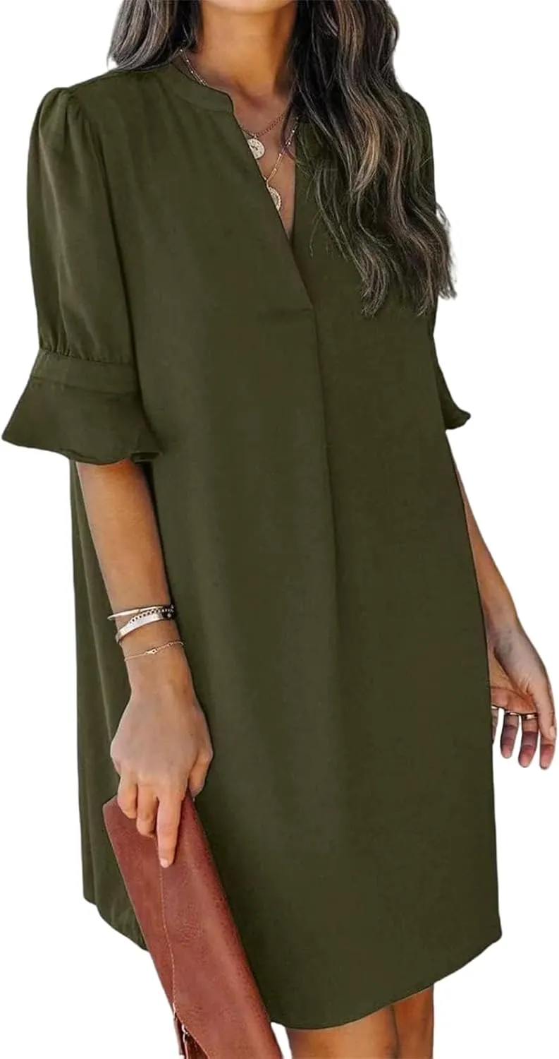 Summer Dresses for Women V Neck Ruffle Short Sleeve Casual Shift Mini Dress Loose Fashion Solid Color Dresses