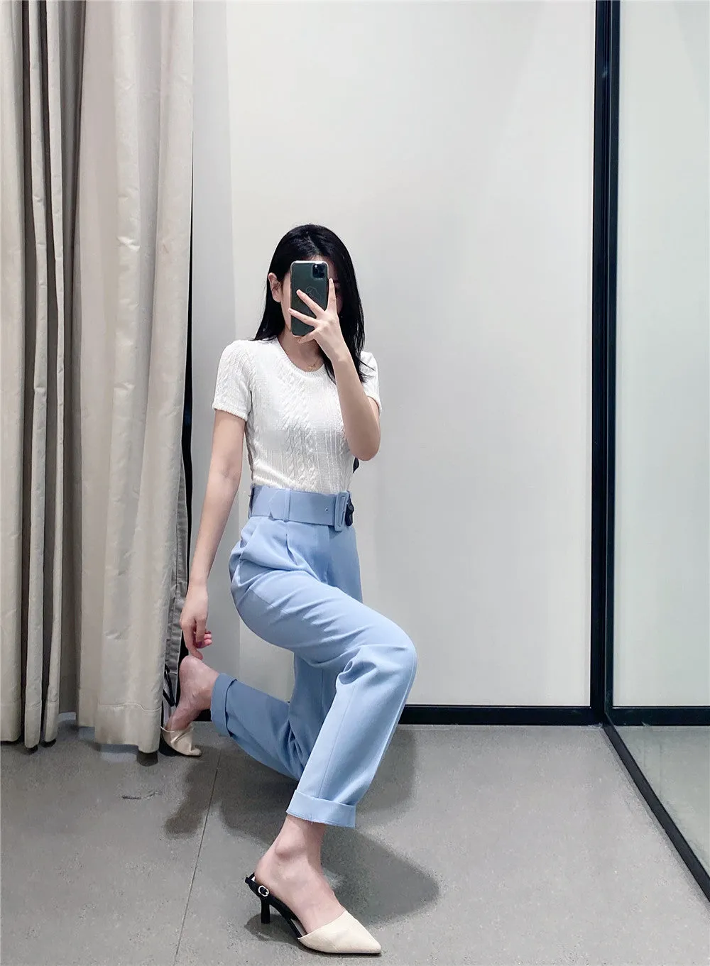 Voila Belted eyelet pegged High Waist Trousers