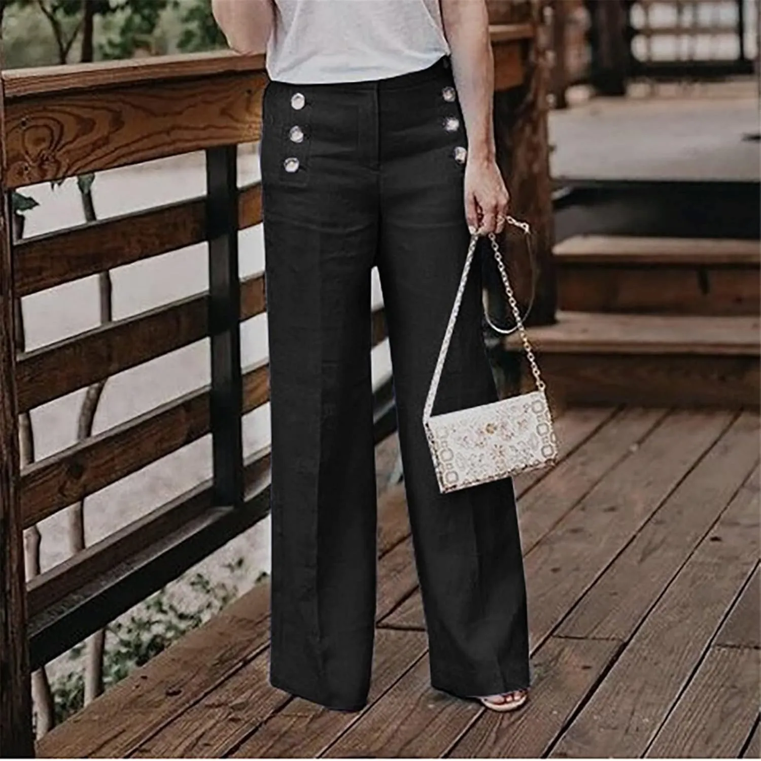 Womens Capri Pants Cotton Linen Cropped Trousers Summer Wide Leg Drawstring High Waist Palazzo Pants with Pockets