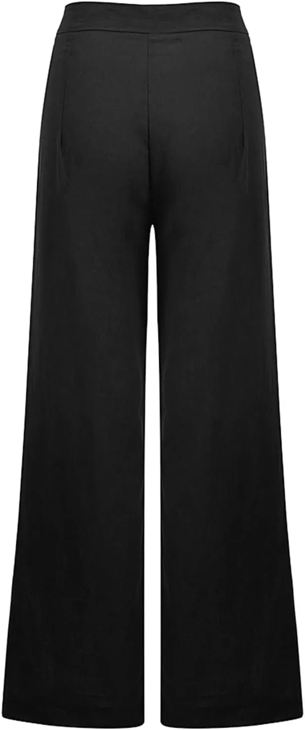 Womens Capri Pants Cotton Linen Cropped Trousers Summer Wide Leg Drawstring High Waist Palazzo Pants with Pockets