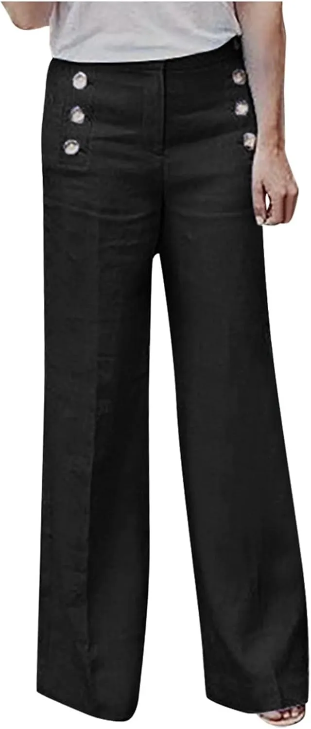 Womens Capri Pants Cotton Linen Cropped Trousers Summer Wide Leg Drawstring High Waist Palazzo Pants with Pockets