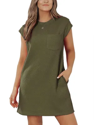 Womens Casual Crewneck Cap Sleeve Textured Mini Tshirt Shift Dress with Pockets