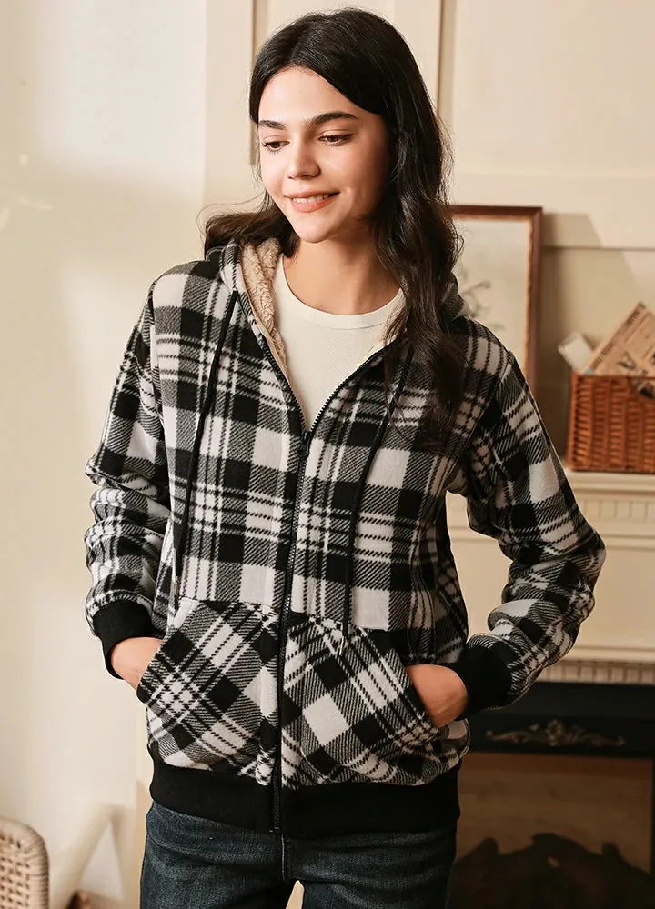 Women's Sherpa Lined Hoodie Jacket Plaid Zip Up Hooded Sweatshirt